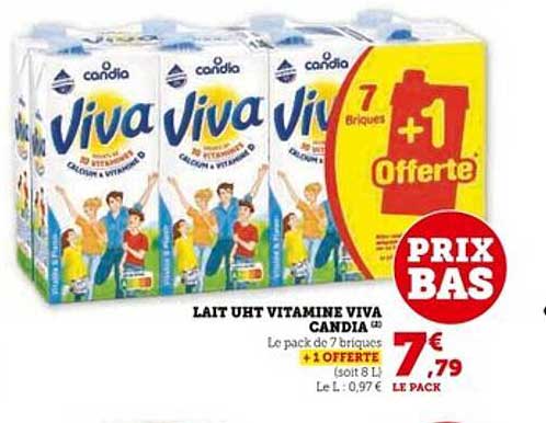 Lait UHT Vitamine Viva Candia - Pack de 7 briques + 1 offerte