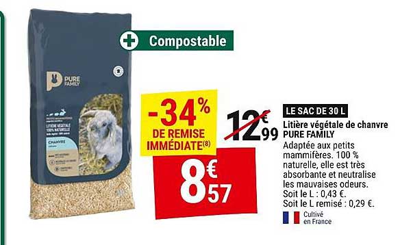 Litière végétale de chanvre PURE FAMILY