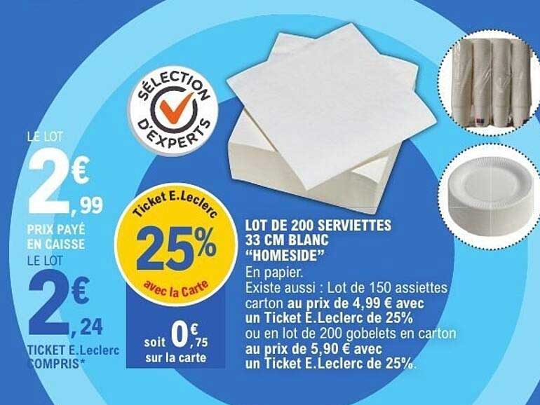 LOT DE 200 SERVIETTES 33 CM BLANC "HOMESIDE"