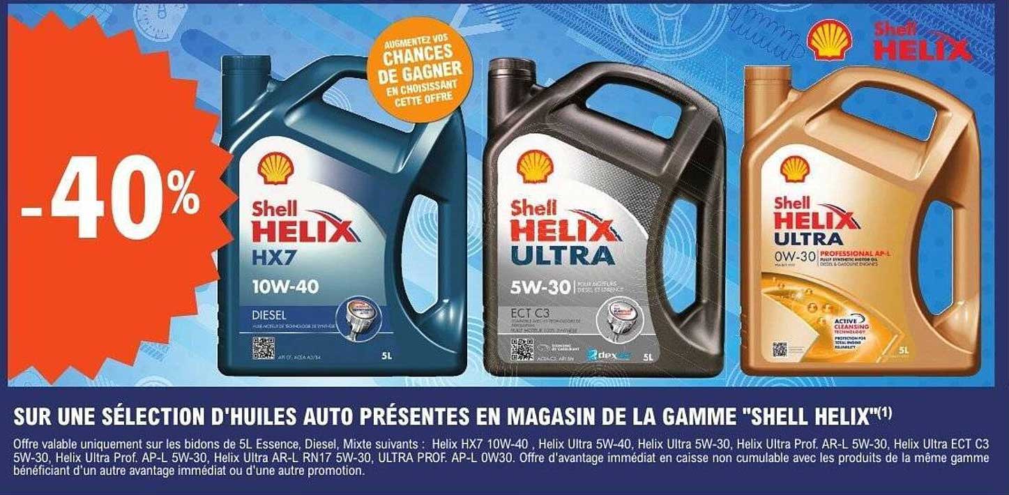 SUR UNE SÉLECTION D'HUILES AUTO PRÉSENTÉES EN MAGASIN DE LA GAMME "SHELL HELIX"