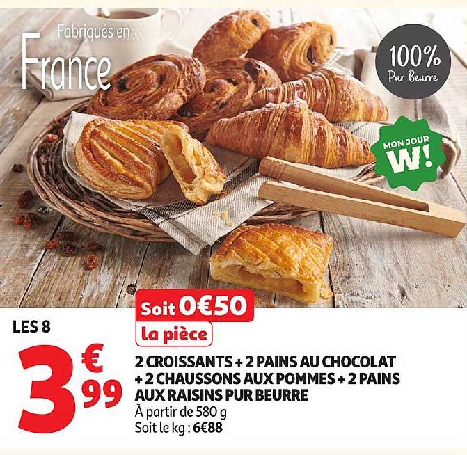 2 CROISSANTS + 2 PAINS AU CHOCOLAT + 2 CHAUSSONS AUX POMMES + 2 PAINS AUX RAISINS PUR BEURRE