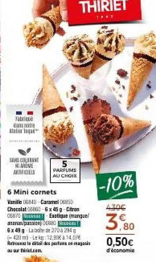 6 Mini cornets vanille chocolat - Caramel chocolat - Citron - Exotique (mangue)