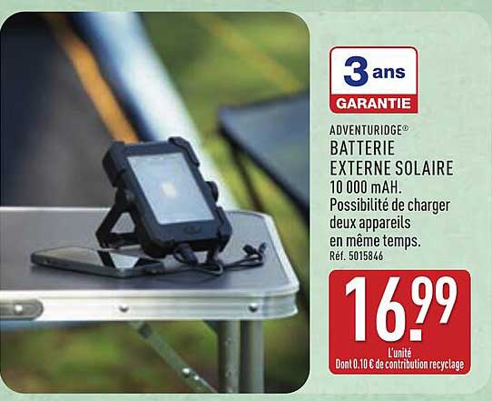 ADVENTURIDGE® BATTERIE EXTERIEURE SOLAIRE 10 000 mAh. Possibilité de charger deux appareils en même temps. Réf. 5015846