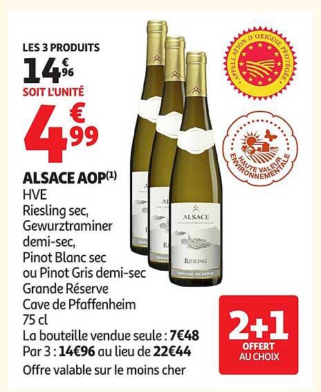 ALSACE AOP(1) HVE Riesling sec, Gewurztraminer demi-sec, Pinot Blanc sec ou Pinot Gris demi-sec Grande Réserve Cave de Pfaffenheim 75 cl