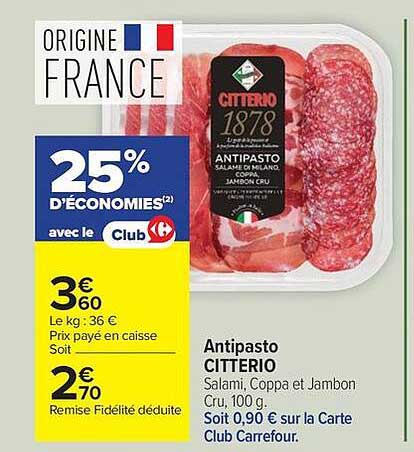 Antipasto CITTERIO Salami, Coppa et Jambon Cru, 100 g
