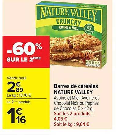 Barres de céréales NATURE VALLEY Avoine et Miel, Avoine et Chocolat Noir ou Pépites de Chocolat, 5 x 42 g