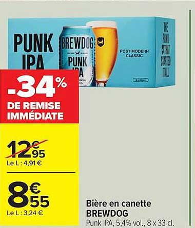 Bière en canette BREWDOG PUNK IPA 5,4% vol., 8 x 33 cl.