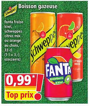 Boisson gazeuse Fanta fraise kiwi, Schweppes citrus mix ou orange au choix, 33 cl (1 l = 3,)