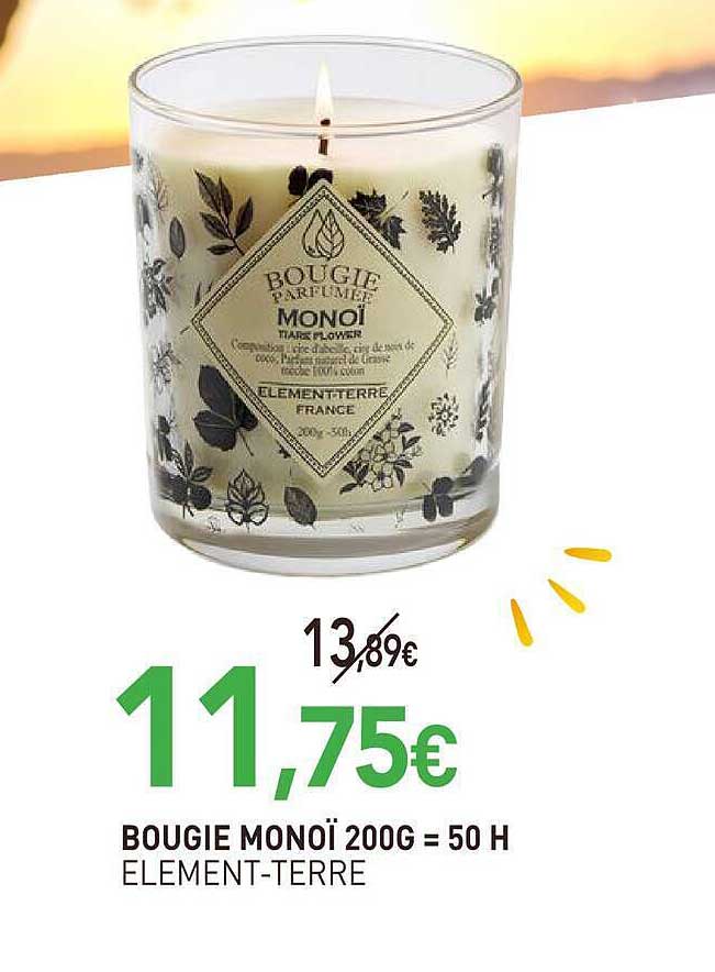BOUGIE MONOÏ 200G = 50 H ELEMENT-TERRE