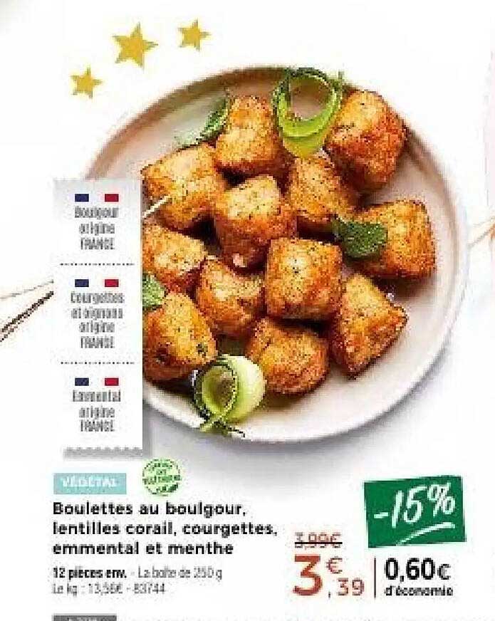 Boulettes au boulgour, lentilles corail, courgettes, emmental et menthe