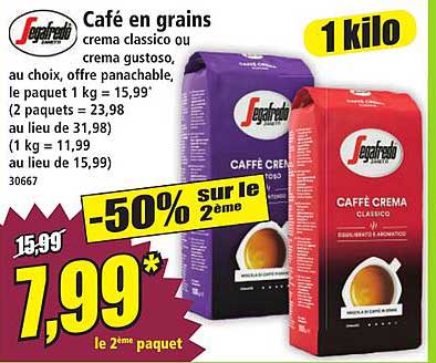 Café en grains crema classico ou crema gustoso, au choix, offre panachable, le paquet 1 kg = 15,99€
