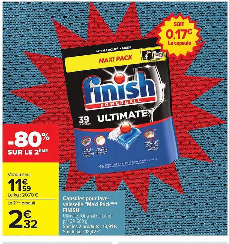 Capsules pour lave-vaisselle "Maxi Pack" FINISH Ultimate : Original ou Citron, par 39, 560 g.