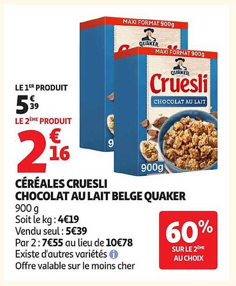 CÉRÉALES CRUESLI CHOCOLAT AU LAIT BELGE QUAKER