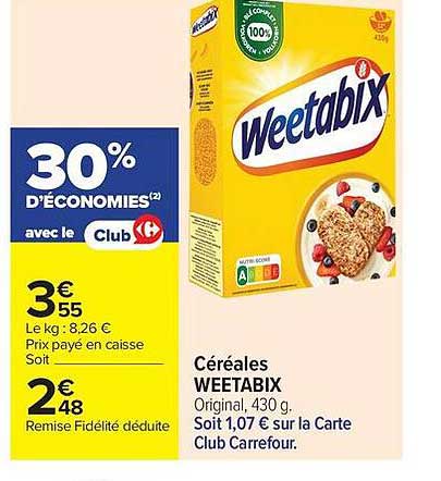 Céréales WEETABIX Original, 430 g. Soit 1,07 € sur la Carte Club Carrefour.