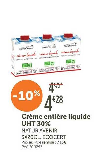 Crème entière liquide UHT 30% NATUR’AVENIR 3X20CL, ECOCERT