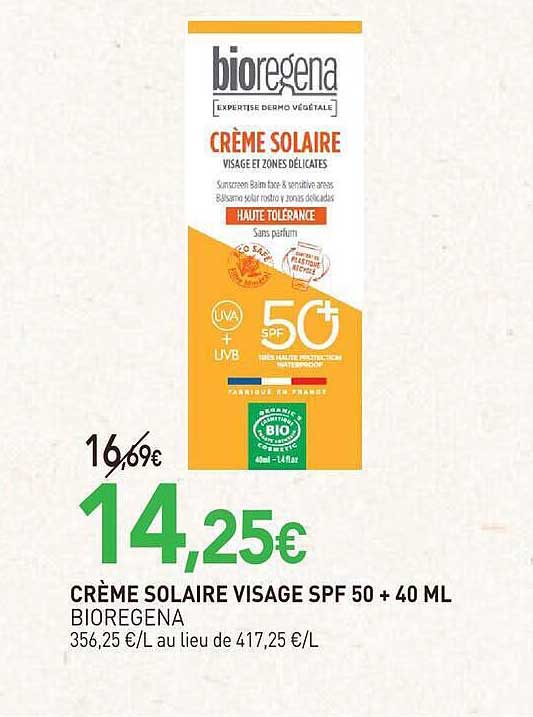 CRÈME SOLAIRE VISAGE SPF 50 + 40 ML BIOREGENA