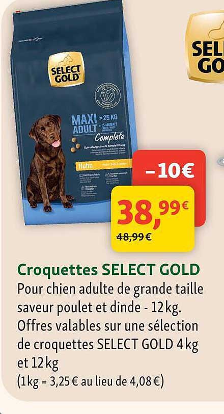 Croquettes SELECT GOLD Pour chien adulte de grande taille saveur poulet et dinde - 12 kg.