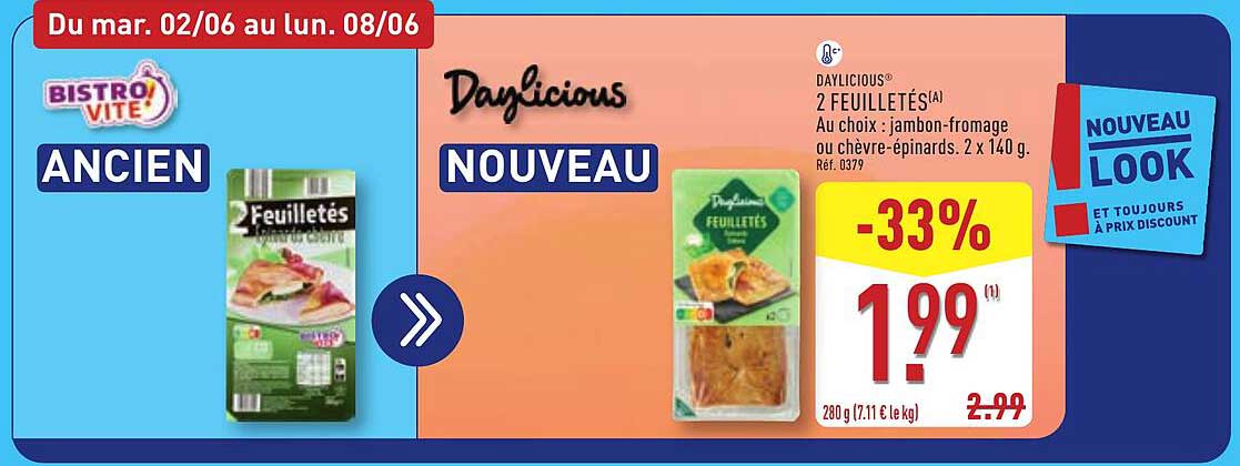 DANLICIOUS 2 FEUILLETÉS(A) Au choix : jambon-fromage ou chèvre-épinards. 2 x 140 g. Réf. 0379