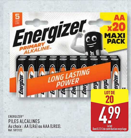 Energizer® PILES ALCALINES Au choix : AA (LR6) ou AAA (LR03). Réf. 5013122