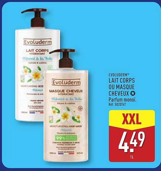 EVOLUDERM® LAIT CORPS OU MASQUE CHEVEUX Parfum monoï. Réf. 5207047