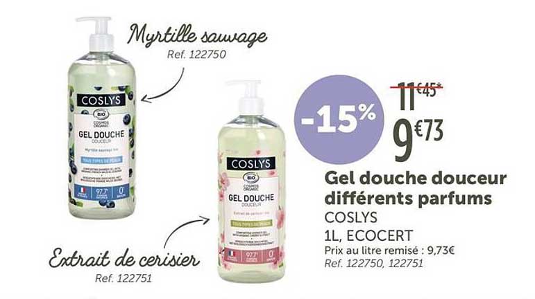 Gel douche douceur différents parfums COSLYS 1L, ECOCERT