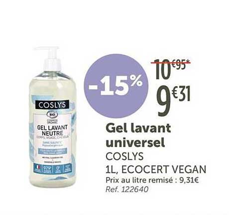 Gel lavant universel COSLYS 1L, ECOCERT VEGAN