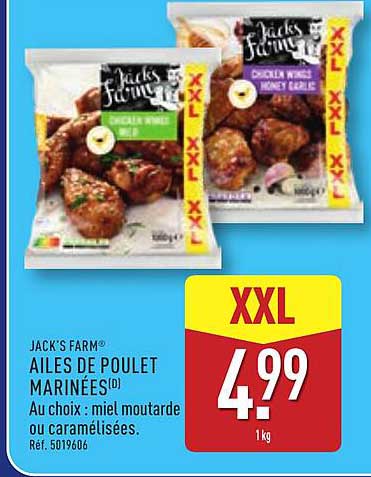 JACK'S FARM® AILES DE POULET MARINÉES(D) Au choix : miel moutarde ou caramélisées. Réf. 5019606
