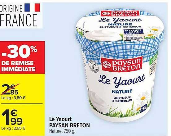 Le Yaourt PAYSAN BRETON Nature, 750 g.