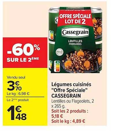 Légumes cuisinés "Offre Spéciale" CASSEGRAIN Lentilles ou Flageolets, 2 x 265 g