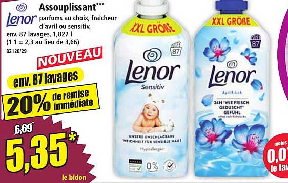 Lenor Assouplissant*** parfums au choix, fraîcheur d’avril ou sensitif, env. 87 lavages, 1,827 l (1 l = 2,3 au lieu de 3,66)