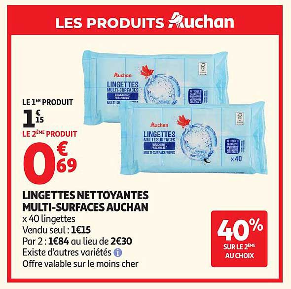 LINGETTES NETTOYANTES MULTI-SURFACES AUCHAN
