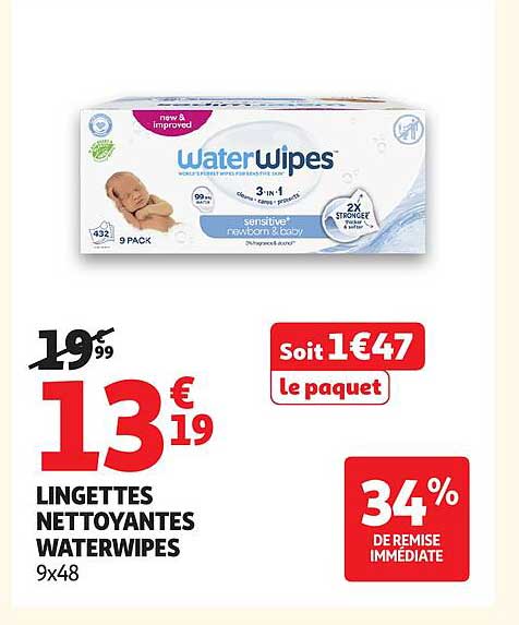 LINGETTES NETTOYANTES WATERWIPES 9x48