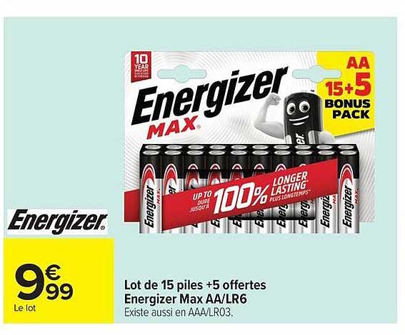 Lot de 15 piles +5 offertes Energizer Max AA/LR6