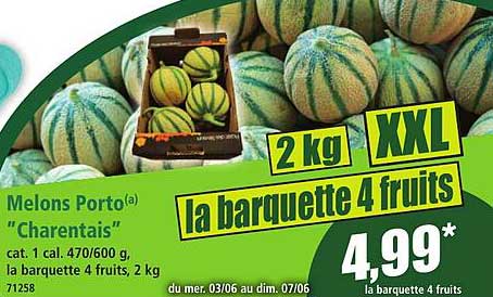 Melons Porto(a) "Charentais" cat. 1 cal. 470/600 g, la barquette 4 fruits, 2 kg