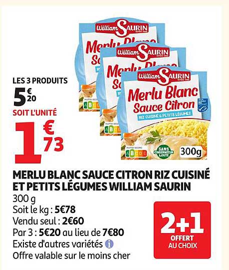 Merlu Blanc Sauce Citron Riz Cuisiné et Petits Légumes William Saurin