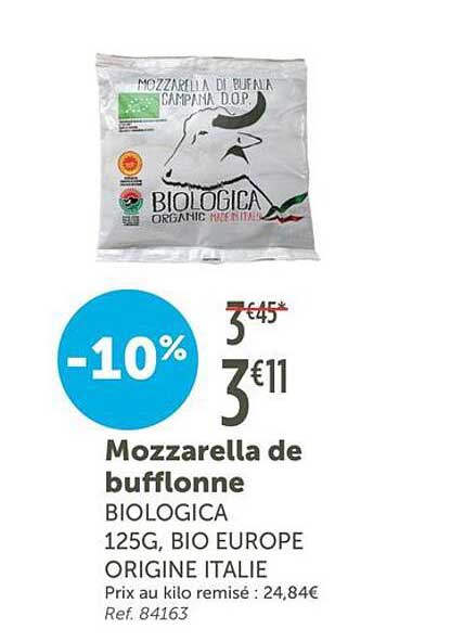 Mozzarella de bufflonne BIOLOGICA 125G, BIO EUROPE ORIGINE ITALIE