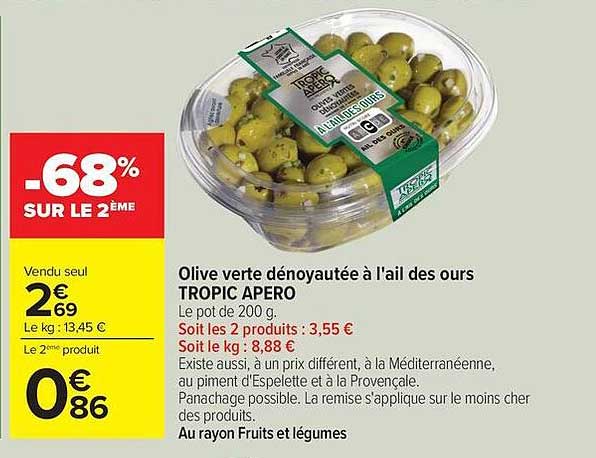 Olive verte dénoyautée à l’ail des ours TROPIC APERO