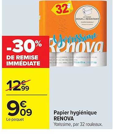 Papier hygiénique RENOVA Yorrisime, par 32 rouleaux.