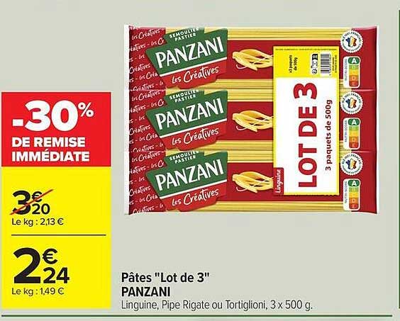 Pâtes "Lot de 3" PANZANI Linguine, Pipe Rigate ou Tortiglioni, 3 x 500 g.