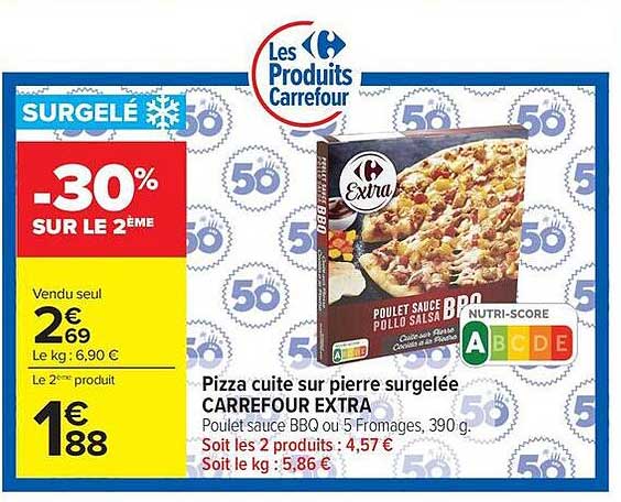 Pizza cuite sur pierre surgelée CARREFOUR EXTRA Poulet sauce BBQ ou 5 Fromages, 390 g.