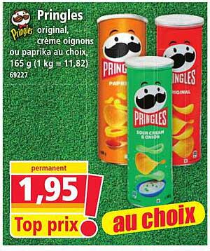 Pringles original crème oignons ou paprika au choix 165 g (1 kg = 11,82) 69227