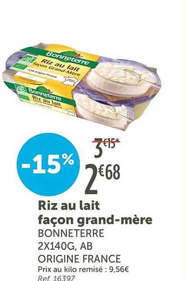 Riz au lait façon grand-mère BONNETERRE 2X140G, AB ORIGINE FRANCE