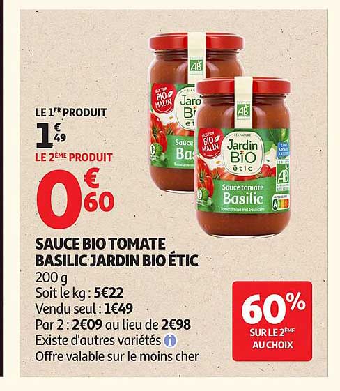SAUCE BIO TOMATE BASILIC JARDIN BIO ÉTIC