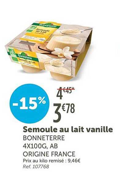 Semoule au lait vanille BONNETERRE 4X100G, AB ORIGINE FRANCE