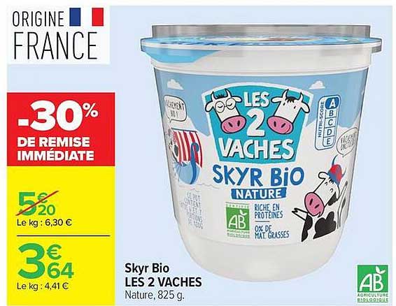 Skyr Bio LES 2 VACHES Nature, 825 g.