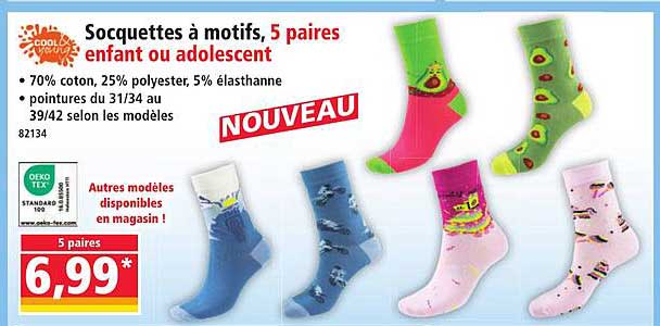 Socquettes à motifs, 5 paires enfant ou adolescent
