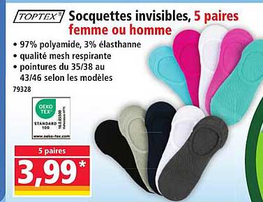 Socquettes invisibles, 5 paires femme ou homme