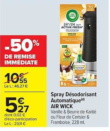Spray Désodorisant Automatique AIR WICK Vanille & Beurre de Karité ou Fleur de Cerisier & Framboise, 228 ml.
