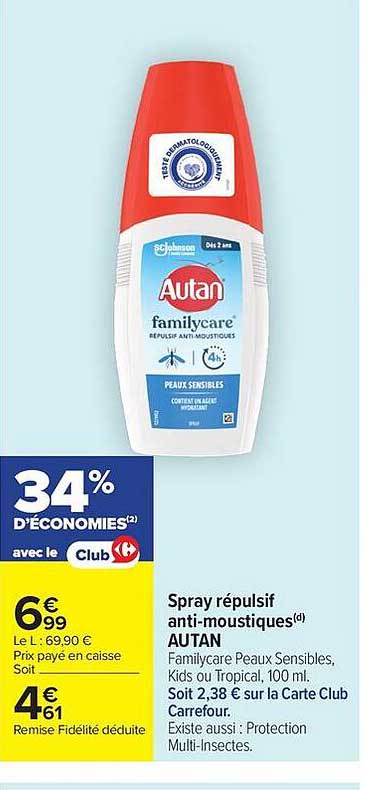Spray répulsif anti-moustiques AUTAN Familycare Peaux Sensibles, Kids ou Tropical, 100 ml.