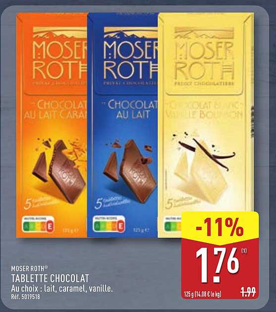 TABLETTE CHOCOLAT Au choix : lait, caramel, vanille. Réf. 5019518